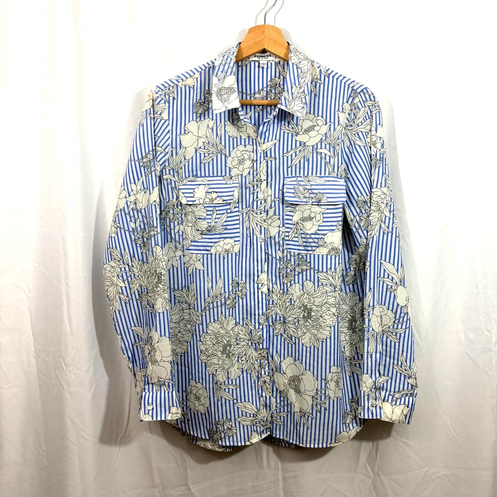 Express Blue & White Striped Floral‎ Button Long Sleeve Dress Shirt Pockets Sz-M